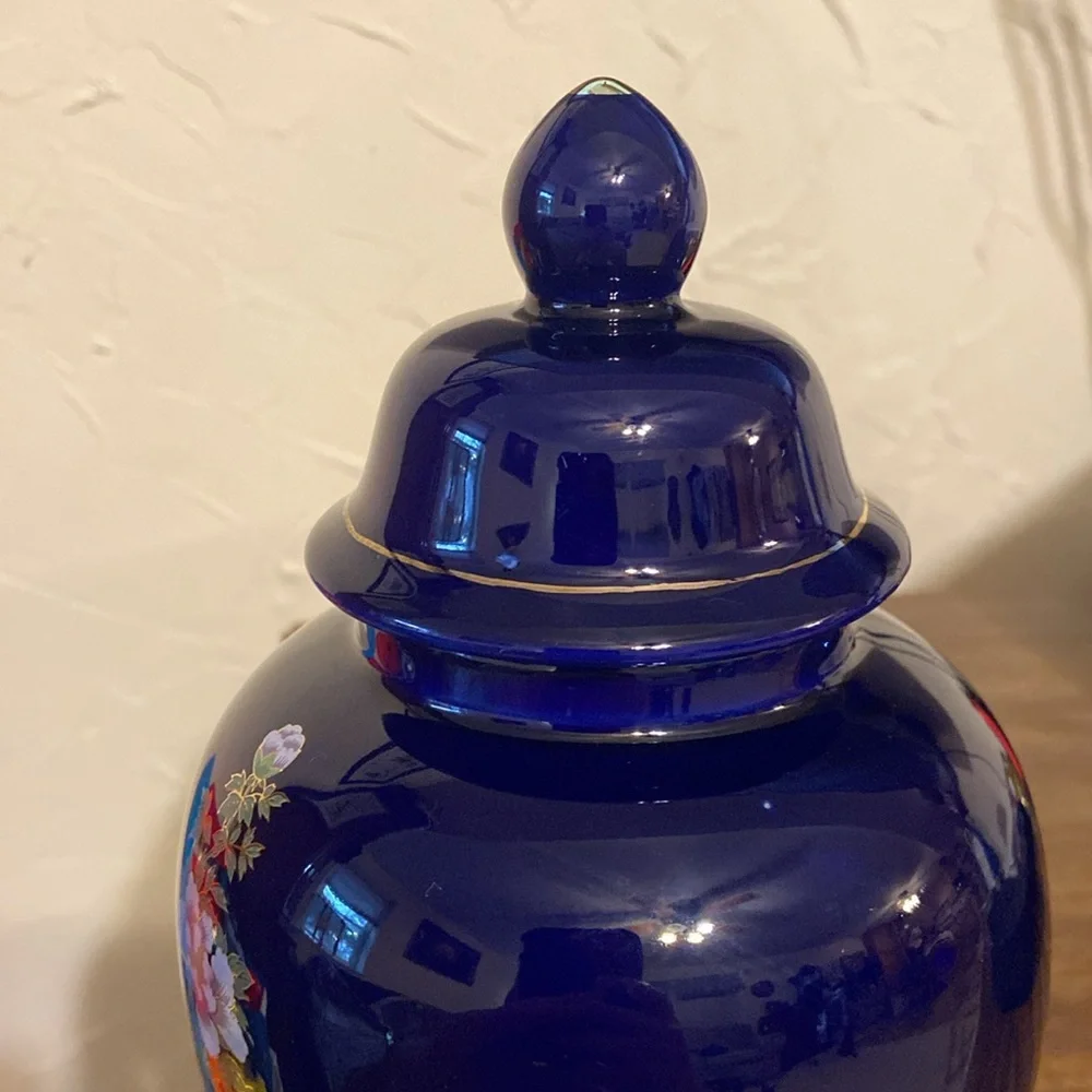 Vintage Japanese Ginger Jar w/ Lid Cobalt Blue with Peacock Bird & Floral 9” - Picture 11 of 15
